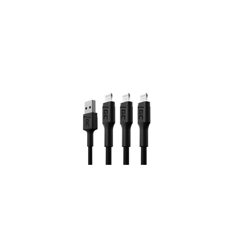 Zestaw 3x Green Cell kabel GC Ray Lightning 200cm z biała LED, szybkie ładowania Apple 2.4A