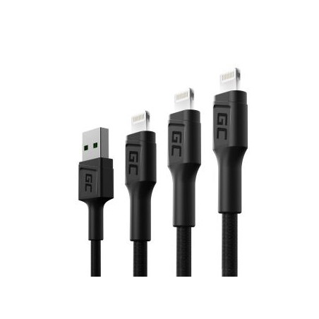 Zestaw 3x Green Cell kabel GC Ray USB - Lightning 30cm, 120cm, 200cm do iPhone, iPad, iPod, biała LED, szybkie ładowania