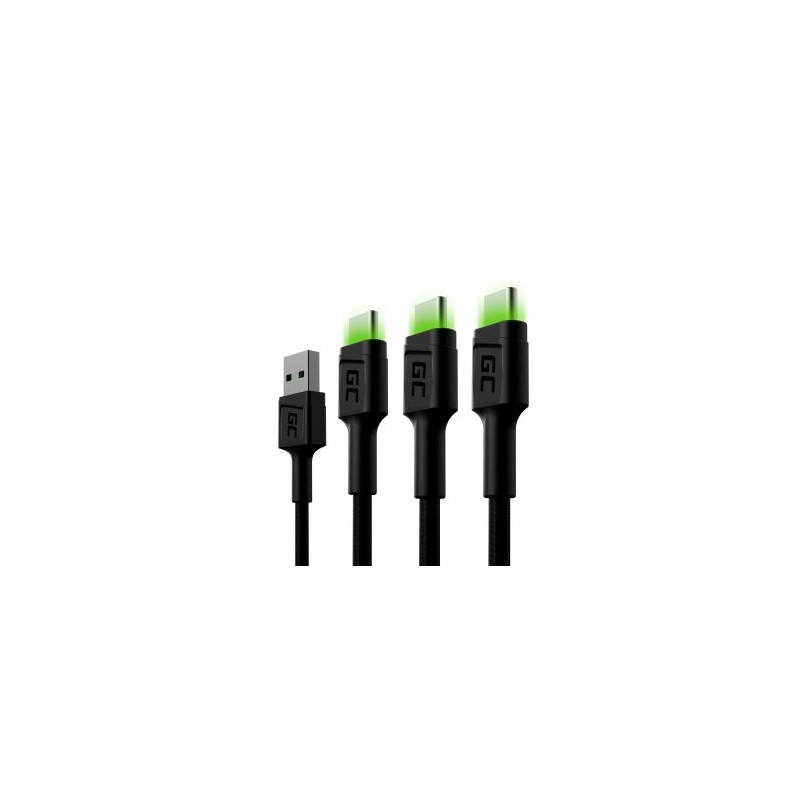 Zestaw 3x Green Cell GC Ray USB-C 120cm kabel z green LED backlight, szybkie ładowania Ultra Charge, QC 3.0