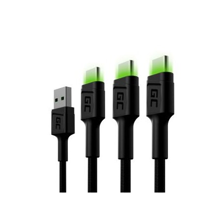 Zestaw 3x Green Cell GC Ray USB-C 120cm kabel z green LED backlight, szybkie ładowania Ultra Charge, QC 3.0