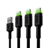 Zestaw 3x Green Cell GC Ray USB-C 120cm kabel z green LED backlight, szybkie ładowania Ultra Charge, QC 3.0