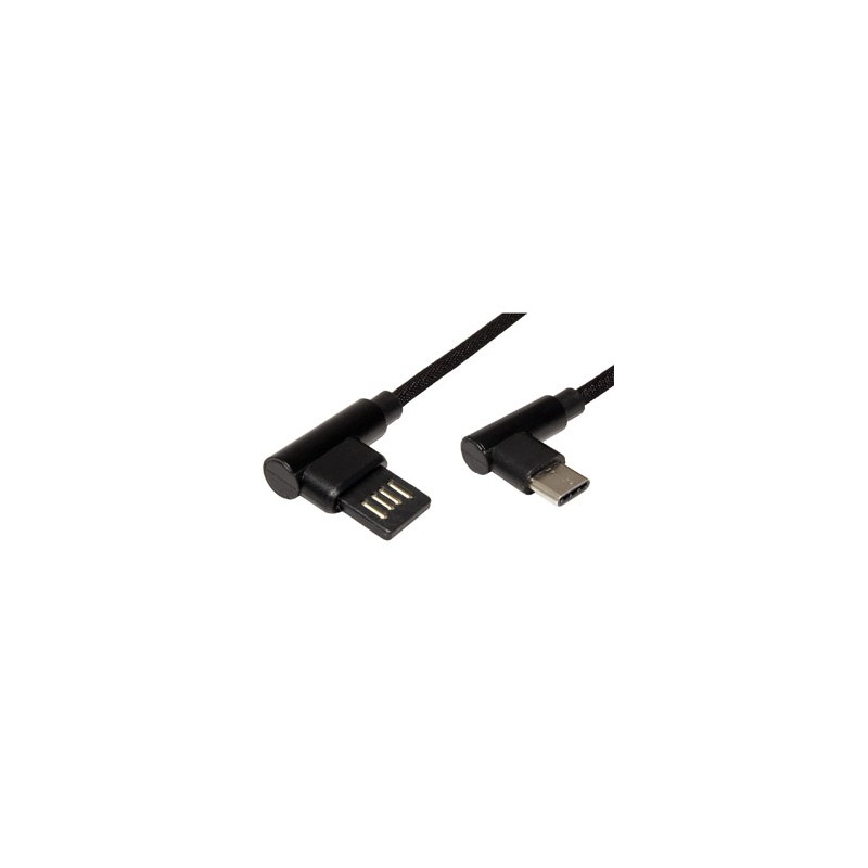 USB kabel (2.0), USB A M - USB C (M), 3m, okrągły, czarny, plastic bag, konektor 90°