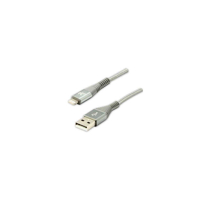 Logo USB kabel (2.0), USB A M - Apple Lightning M, 1m, certyfikat MFi, srebrny, box, oplot nylonowy, aluminiowa osłona złącza, E