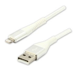 Logo USB kabel (2.0), USB A M - Apple Lightning M, 1m, certyfikat MFi, biały, box, oplot nylonowy, aluminiowa osłona złącza, EOL