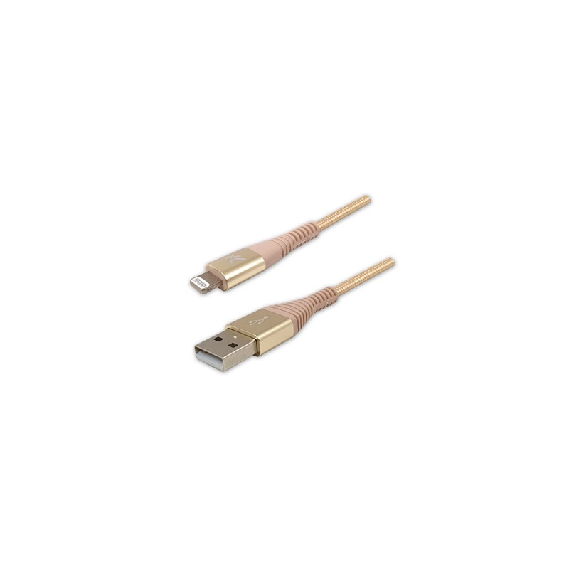 Logo USB kabel (2.0), USB A M - Apple Lightning M, 1m, certyfikat MFi, złoty, box, oplot nylonowy, aluminiowa osłona złącza, EOL