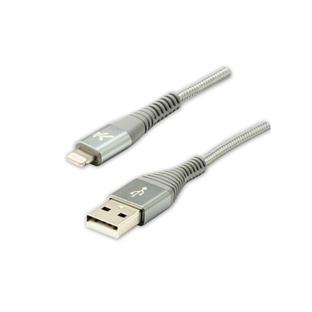 Logo USB kabel (2.0), USB A M - Apple Lightning M, 2m, certyfikat MFi, srebrny, box, oplot nylonowy, aluminiowa osłona złącza, E