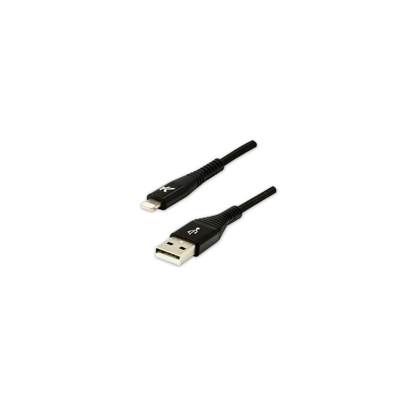 Logo USB kabel (2.0), USB A M - Apple Lightning M, 2m, certyfikat MFi, czarny, box, oplot nylonowy, aluminiowa osłona złącza, EO