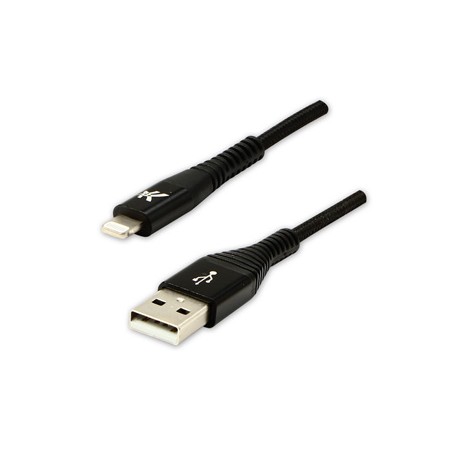 Logo USB kabel (2.0), USB A M - Apple Lightning M, 2m, certyfikat MFi, czarny, box, oplot nylonowy, aluminiowa osłona złącza, EO