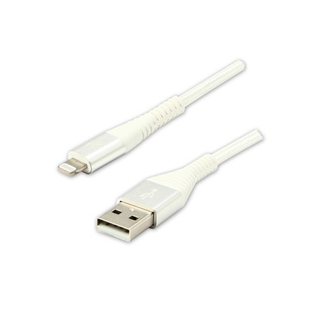 Logo USB kabel (2.0), USB A M - Apple Lightning M, 2m, certyfikat MFi, biały, box, oplot nylonowy, aluminiowa osłona złącza, EOL