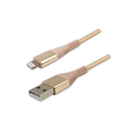 Logo USB kabel (2.0), USB A M - Apple Lightning M, 2m, certyfikat MFi, złoty, box, oplot nylonowy, aluminiowa osłona złącza, EOL