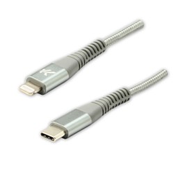 Logo USB kabel (2.0), USB C (M) - Apple Lightning M, 1m, certyfikat MFi, srebrny, box, oplot nylonowy, aluminiowa osłona złącza,