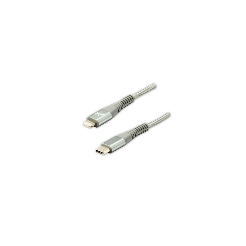 Logo USB kabel (2.0), USB C (M) - Apple Lightning M, 1m, certyfikat MFi, srebrny, box, oplot nylonowy, aluminiowa osłona złącza,