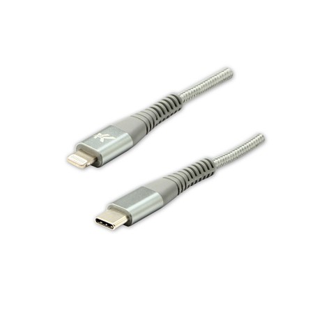 Logo USB kabel (2.0), USB C (M) - Apple Lightning M, 1m, certyfikat MFi, srebrny, box, oplot nylonowy, aluminiowa osłona złącza,