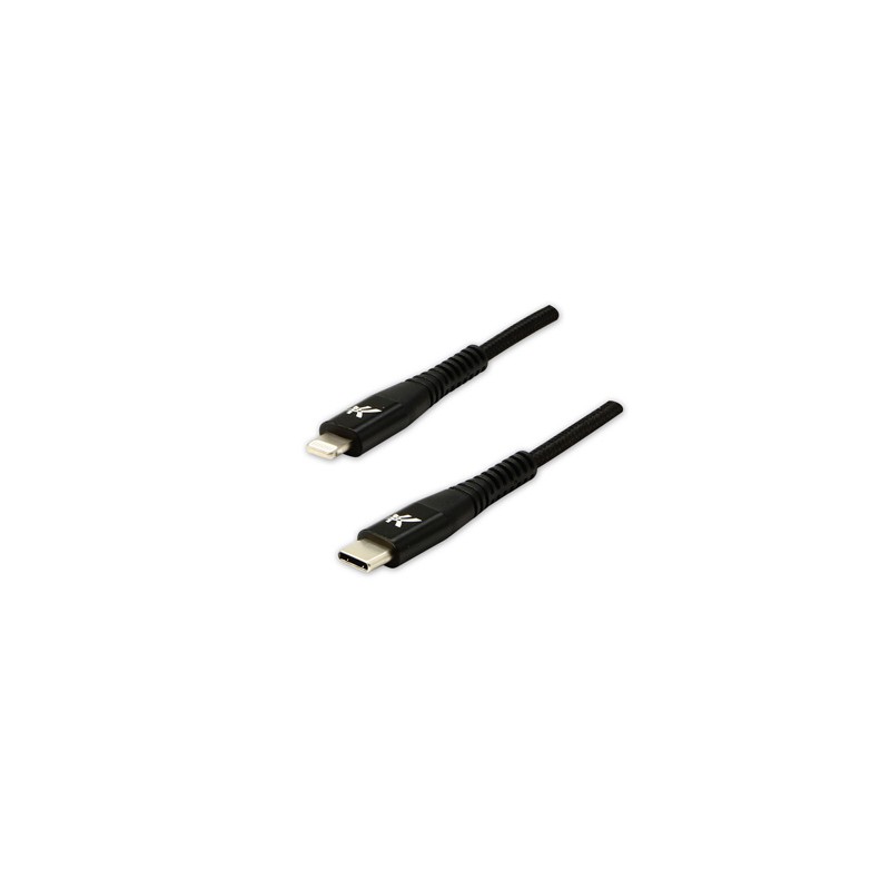 Logo USB kabel (2.0), USB C (M) - Apple Lightning M, 1m, certyfikat MFi, czarny, box, oplot nylonowy, aluminiowa osłona złącza, 