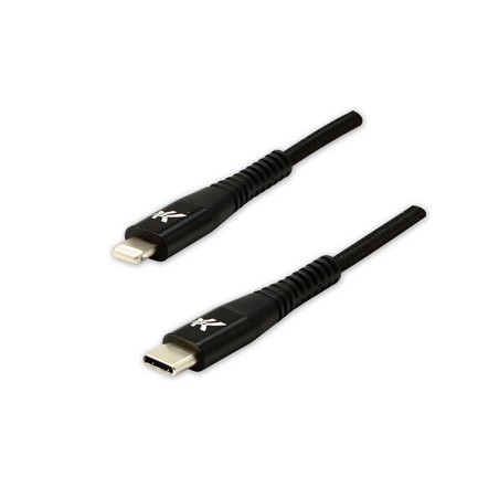 Logo USB kabel (2.0), USB C (M) - Apple Lightning M, 1m, certyfikat MFi, czarny, box, oplot nylonowy, aluminiowa osłona złącza, 