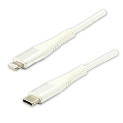 Logo USB kabel (2.0), USB C (M) - Apple Lightning M, 1m, certyfikat MFi, biały, box, oplot nylonowy, aluminiowa osłona złącza, E
