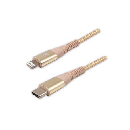 Logo USB kabel (2.0), USB C (M) - Apple Lightning M, 1m, certyfikat MFi, złoty, box, oplot nylonowy, aluminiowa osłona złącza, E