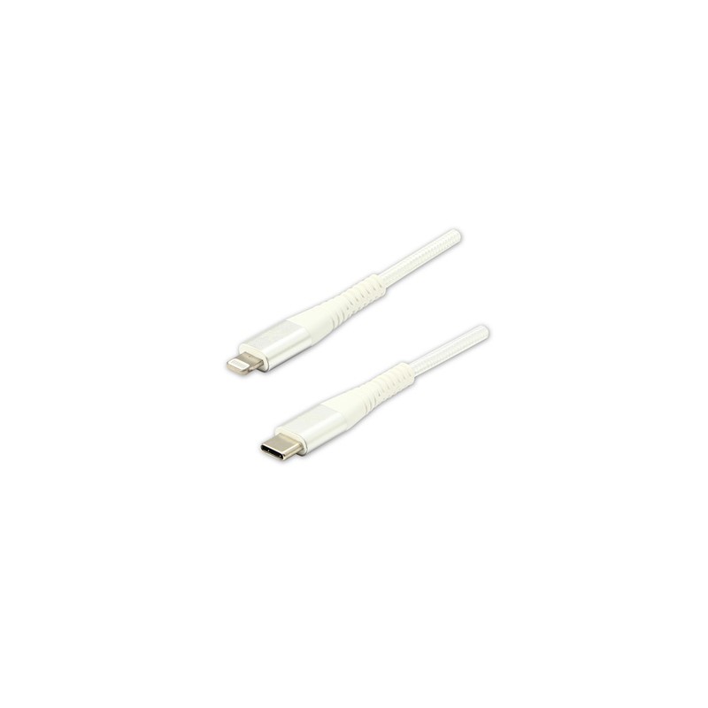 Logo USB kabel (2.0), USB C (M) - Apple Lightning M, 2m, certyfikat MFi, biały, box, oplot nylonowy, aluminiowa osłona złącza, E