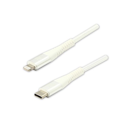 Logo USB kabel (2.0), USB C (M) - Apple Lightning M, 2m, certyfikat MFi, biały, box, oplot nylonowy, aluminiowa osłona złącza, E