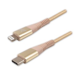 Logo USB kabel (2.0), USB C (M) - Apple Lightning M, 2m, certyfikat MFi, złoty, box, oplot nylonowy, aluminiowa osłona złącza, E