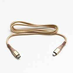 Logo USB kabel (2.0), USB C (M) - Apple Lightning M, 2m, certyfikat MFi, złoty, box, oplot nylonowy, aluminiowa osłona złącza, E
