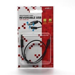 USB kabel (2.0), USB A (M) reversible - microUSB reversible (M), 0.3m, płaski, czarny, dwustronny, EOL