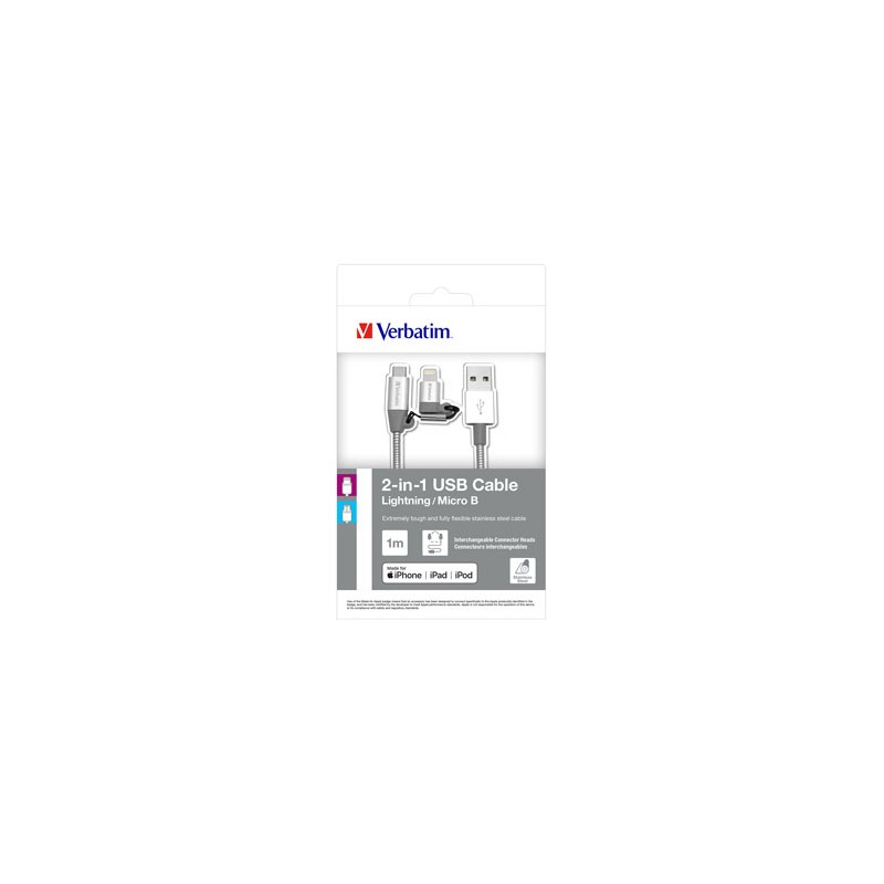 Verbatim USB kabel (2.0), USB A M - microUSB (M) + Apple Lightning (M), 1m, srebrny, box, 48869, 2 w 1 - regulowane złącze Light