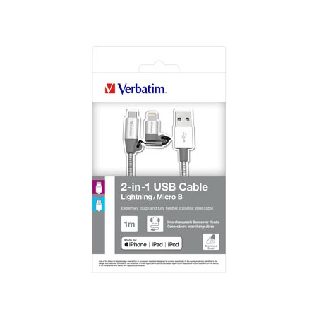 Verbatim USB kabel (2.0), USB A M - microUSB (M) + Apple Lightning (M), 1m, srebrny, box, 48869, 2 w 1 - regulowane złącze Light