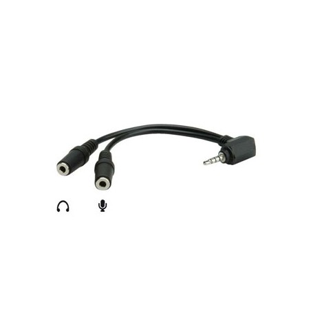 Audio redukcja, Jack (3.5mm) M 4-polowy - 2x Jack (3.5mm) F, 90°, 0.2 m, stereo, czarna, EOL