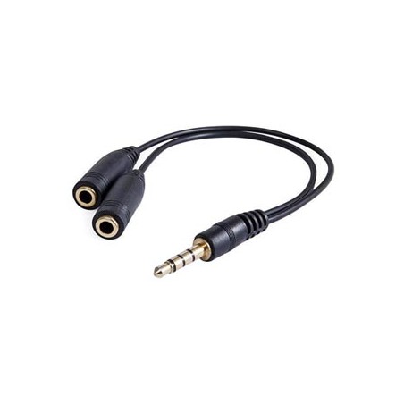 Audio redukcja, Jack (3.5mm) M 4-polowy - 2x Jack (3.5mm) F, 0.2 m, stereo, czarna, Logo, EOL