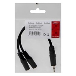 Audio redukcja, Jack (3.5mm) M 4-polowy - 2x Jack (3.5mm) F, 0.2 m, stereo, czarna, Logo, EOL