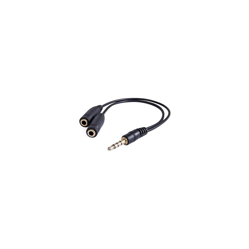 Audio redukcja, Jack (3.5mm) M 4-polowy - 2x Jack (3.5mm) F, 0.2 m, stereo, czarna, Logo blister, EOL
