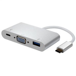USB/Video Adapter  + HUB, DP Alt Mode, USB C (M) - VGA (D-sub) (F) + USB C (F) (PD) + USB A (F), srebrny, plastic bag 1920x1200@
