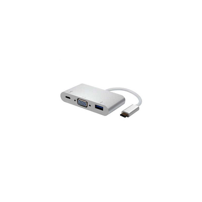 USB/Video Adapter  + HUB, DP Alt Mode, USB C (M) - VGA (D-sub) (F) + USB C (F) (PD) + USB A (F), srebrny, plastic bag 1920x1200@