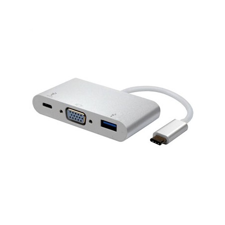 USB/Video Adapter  + HUB, DP Alt Mode, USB C (M) - VGA (D-sub) (F) + USB C (F) (PD) + USB A (F), srebrny, plastic bag 1920x1200@