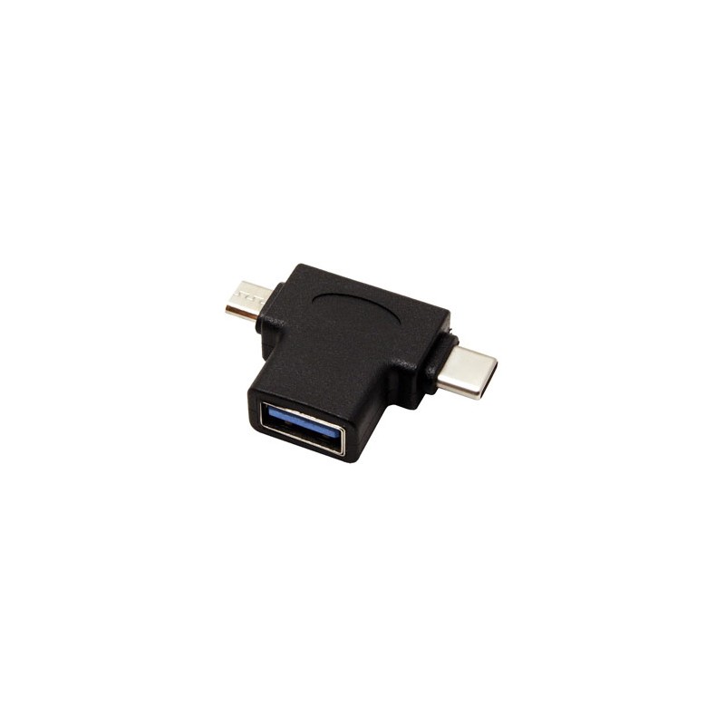 USB redukcja, (2.0), USB A F - microUSB (M) + USB C (M), czarna, plastic bag OTG