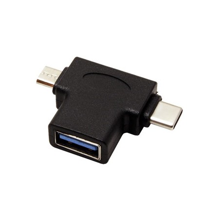 USB redukcja, (2.0), USB A F - microUSB (M) + USB C (M), czarna, plastic bag OTG