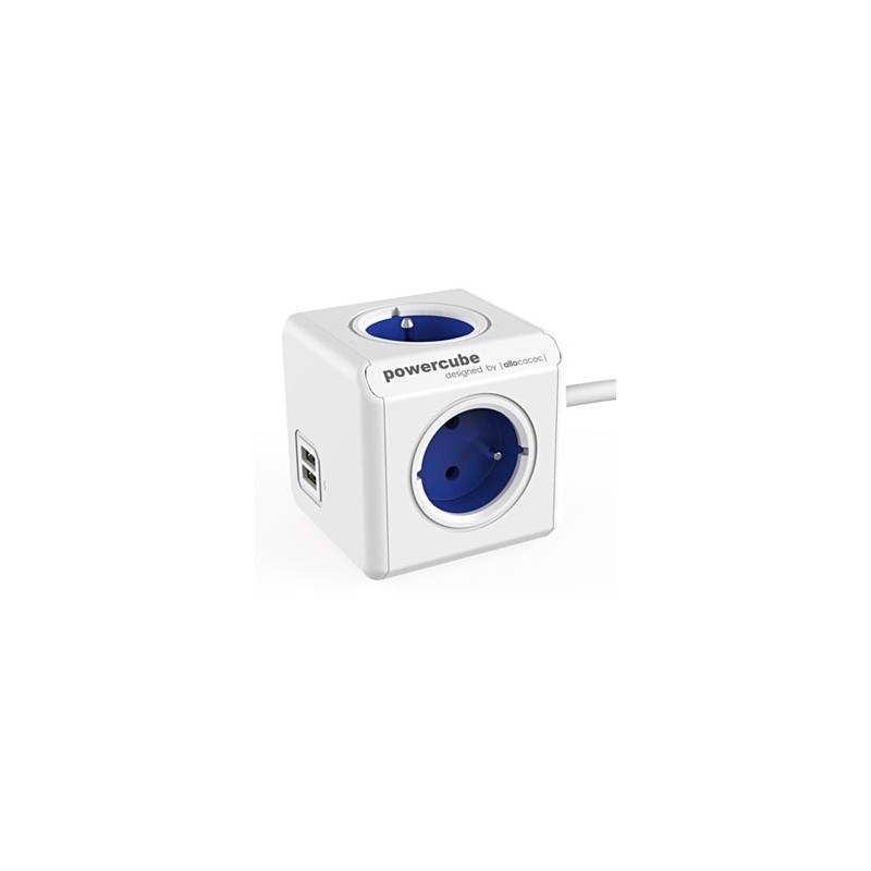 Kabel sieciowy 230V przedłużacz, CEE7 (widelec) - POWERCUBE, 1.5m, EXTENDED USB, niebieski, POWERCUBE, 4 gniazdka + 2 porty USB,