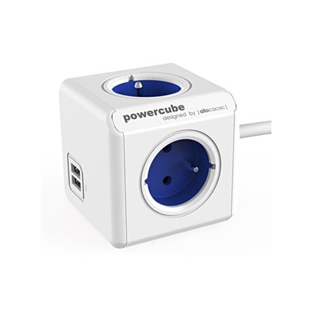 Kabel sieciowy 230V przedłużacz, CEE7 (widelec) - POWERCUBE, 1.5m, EXTENDED USB, niebieski, POWERCUBE, 4 gniazdka + 2 porty USB,
