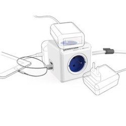 Kabel sieciowy 230V przedłużacz, CEE7 (widelec) - POWERCUBE, 1.5m, EXTENDED USB, niebieski, POWERCUBE, 4 gniazdka + 2 porty USB,