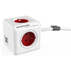 Kabel sieciowy 230V przedłużacz, CEE7 (widelec) - POWERCUBE, 1.5m, EXTENDED USB, czerwony, POWERCUBE, 4 gniazdka + 2 porty USB, 