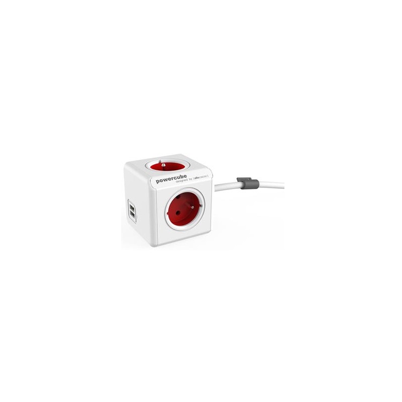 Kabel sieciowy 230V przedłużacz, CEE7 (widelec) - POWERCUBE, 1.5m, EXTENDED USB, czerwony, POWERCUBE, 4 gniazdka + 2 porty USB, 