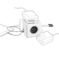 Kabel sieciowy 230V przedłużacz, CEE7 (widelec) - POWERCUBE, 1.5m, EXTENDED USB, czerwony, POWERCUBE, 4 gniazdka + 2 porty USB, 