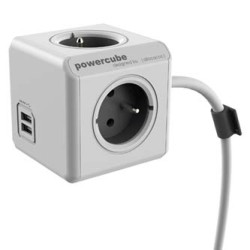 Kabel sieciowy 230V przedłużacz, CEE7 (widelec) - POWERCUBE, 1.5m, EXTENDED USB, szary, POWERCUBE, 4 gniazda, PD 20W A+C