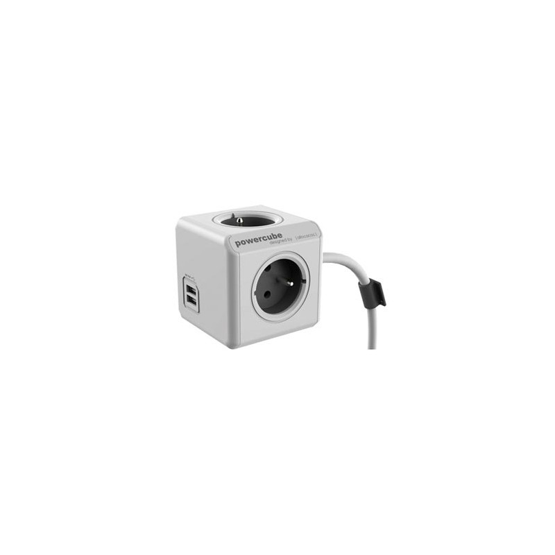 Kabel sieciowy 230V przedłużacz, CEE7 (widelec) - POWERCUBE, 3m, EXTENDED USB, szary, POWERCUBE, 4 gniazdka, zab. przed dziećmi