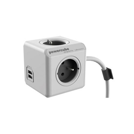 Kabel sieciowy 230V przedłużacz, CEE7 (widelec) - POWERCUBE, 3m, EXTENDED USB, szary, POWERCUBE, 4 gniazdka, zab. przed dziećmi