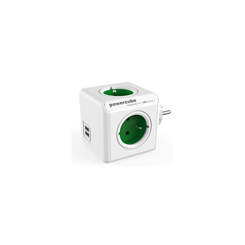 Listwa zasilająca 240V, CEE7 (widelec) - POWERCUBE, 0.1m, ORIGINAL USB, zielona, POWERCUBE, 4 gniazdka + 2 porty USB