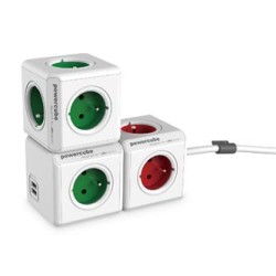 Listwa zasilająca 240V, CEE7 (widelec) - POWERCUBE, 0.1m, ORIGINAL USB, zielona, POWERCUBE, 4 gniazdka + 2 porty USB