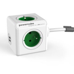 Kabel sieciowy 230V przedłużacz, CEE7 (widelec) - POWERCUBE, 1.5m, EXTENDED USB, zielony, POWERCUBE, 4 gniazdka + 2 porty USB, z