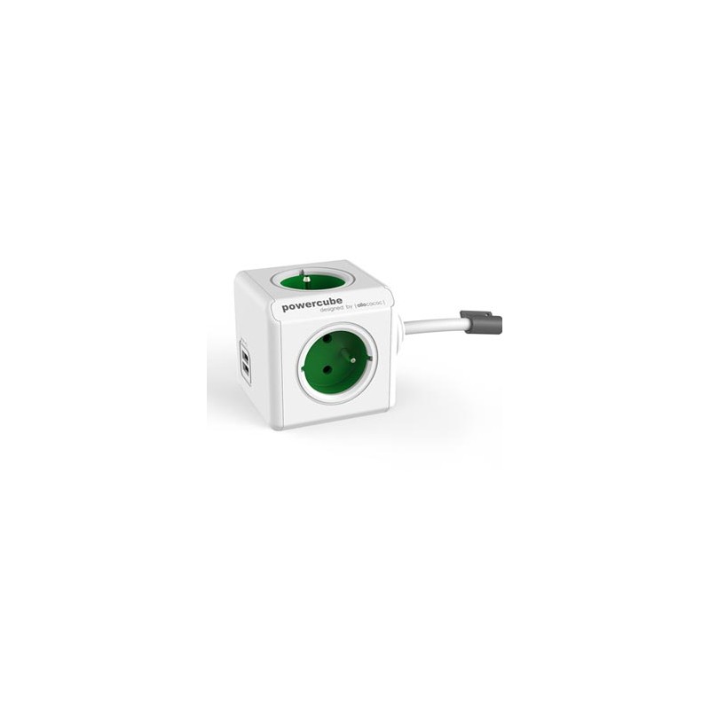 Kabel sieciowy 230V przedłużacz, CEE7 (widelec) - POWERCUBE, 1.5m, EXTENDED USB, zielony, POWERCUBE, 4 gniazdka + 2 porty USB, z